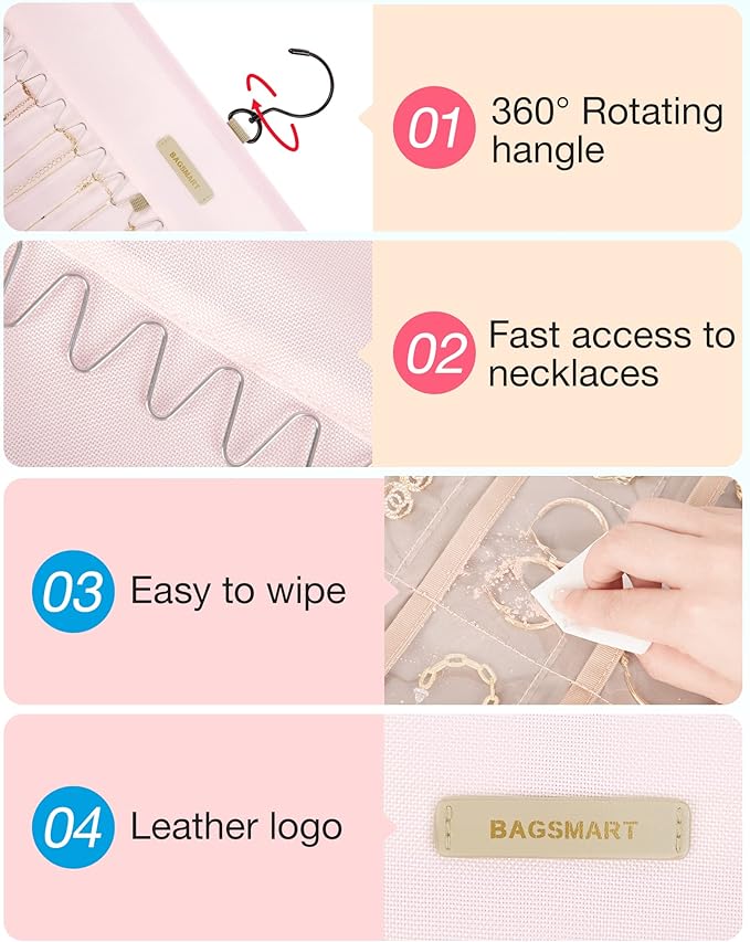 BAGSMART Hanging Jewelry Organizer Storage Roll with Hanger Metal Hooks Double-Sided Jewelry Holder for Earrings, Necklaces, Rings on Closet, Wall, Door, 1 piece, Medium, Pink