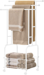 HAITRAL 3 Tiers Standing Towel Rack, 42" H Bathroom Towel Holder with Basket, 360 ° Rotating Casters with Lock, Freestanding Towel Rack for Bathroom, Laundry, Swimming Pool, Livingroom (White)