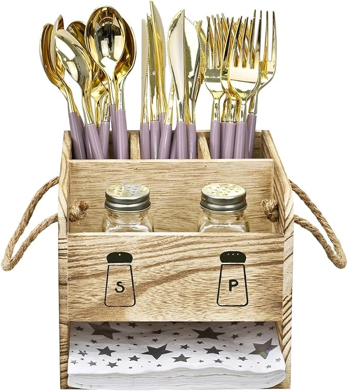 Ikee Design 2 Piece Set Wooden Utensil Caddy with Handles,Includes Free Salt Pepper Shaker,Silverware Caddy for Countertop,Party and Kitchen,Spoon and Fork Holder,Picnic Cutlery Holders,Oak Color
