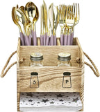 Ikee Design 2 Piece Set Wooden Utensil Caddy with Handles,Includes Free Salt Pepper Shaker,Silverware Caddy for Countertop,Party and Kitchen,Spoon and Fork Holder,Picnic Cutlery Holders,Oak Color