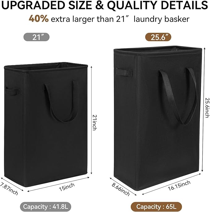 Chrislley 25-Inches Slim Laundry Hamper 60L Narrow Laundry Basket with Handle Foldable Dirty Clothes Portable Skinny Hamper Organizer Storage Bins (Black)