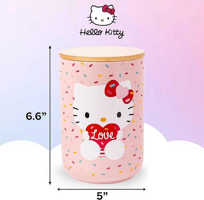 Silver Buffalo Sanrio Hello Kitty Holding Love Heart Ceramic Cookie Snack Candy Jar with Airtight Bamboo Lid (Small)