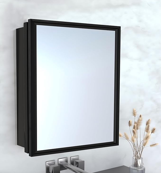 Bathroom Medicine Cabinet with MirrorSurface Mount Vanity Mirror Cabinet, Single Door Cabinet Famerhouse Bathroom with Storage (Brush Black, 24x24 Inch)