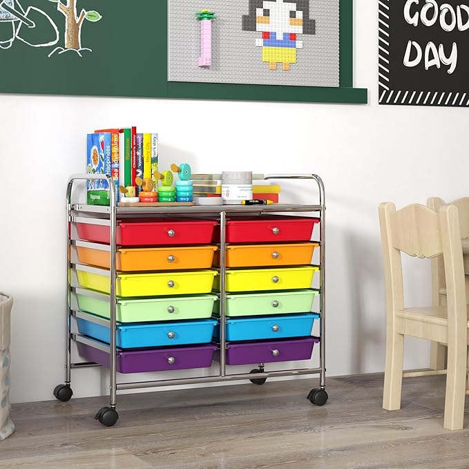 GOFLAME 12-Drawer Rolling Storage Cart, Multifunctional Art Craft Organizer Cart, Mobile Utility Storage Cart with Removable Drawers & Lockable Wheels, Craft Cart for Home Office School, Multicolored