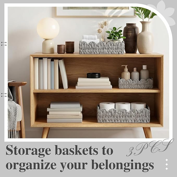 3Pack Toilet Paper Basket for Organizing Scalloped Edge Wicker Basket with Handles Toilet Tank Paper Holder Storage for Bathroom Bedroom Countertop Shelf Decor(Gray,Plastic)