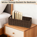 Paper Rope Wicker Storage Baskets with Handles, 2 Pack Foldable Storage Basket, Rectangle Wicker Basket, Small Wicke Baskets for Pantry Shelves, Toilet Paper Storage Basket for Bathroom, Brown