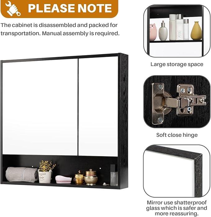 ALIMORDEN Medicine Cabinet with Mirror and Shelves, Oversized Bathroom Wall Storage Organizer Over The Vanity, Toilet, Recessed or Surface Mount, 30.4" L x 29.5" H, Black