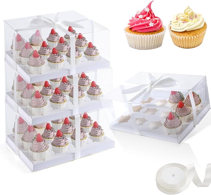 JCD 5.5inches height 4 Sets x 12 Counts Cupcake Containers Clear Plastic Cupcakes Box 12 Holders Dozen Cupcake Boxes, Disposable Cupcake Carrier Holder with Detachable Lid, BPA Free(12count/4pcs)