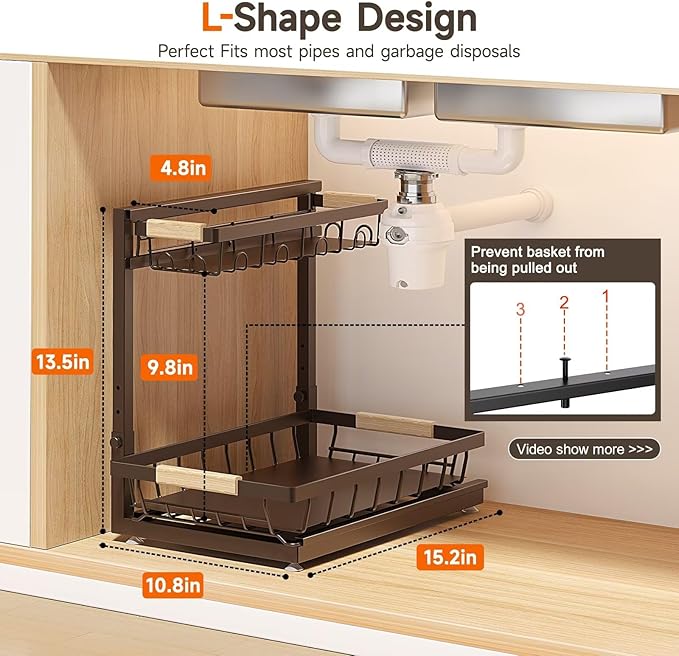2 Packs Under Sink Organizer, Height Adjustable 2 Tier Under Kitchen Sink Organizer, Multi-Purpose Storage Shelf for Kitchen Bathroom Cabinet (Brown, Extra Large)