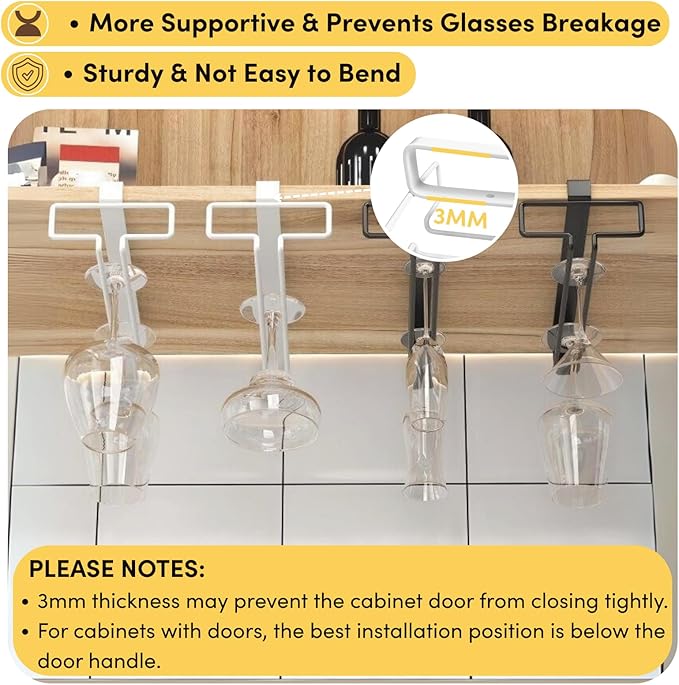 LINFIDITE 2 Pack Wine Glass Holder Stemware Rack Hanger Under Cabinet Wine Glass Rack Kitchen Hanging Storage Rack Organizer,White(For Partition Thickness under 0.98")