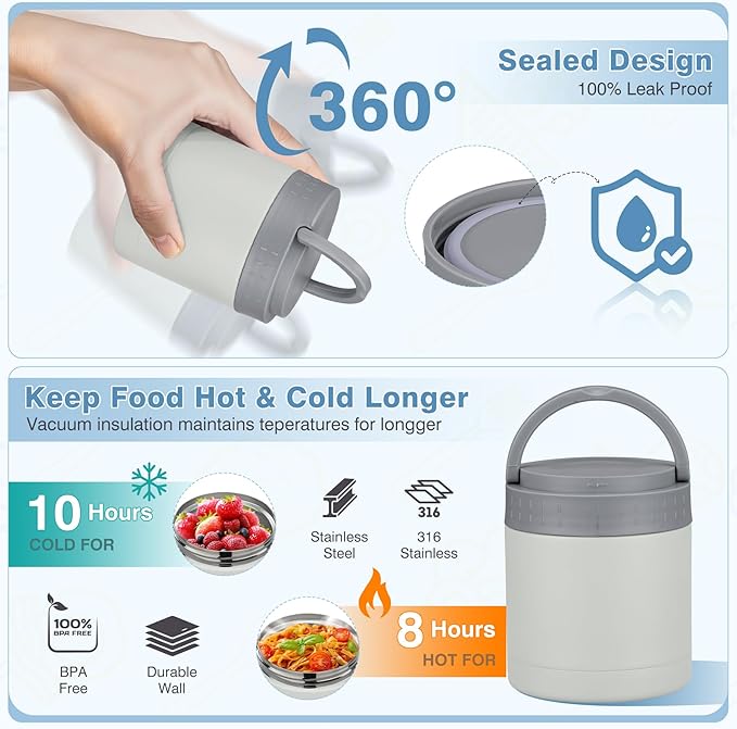 Bento Lunch Box Set with 10.5oz Soup Thermo Food Jar for Adults Kids, Stainless Steel Leak-proof Lunch Container with 4 Compartment, Coffee Tumbler with Lunch Bag for School Travel Office-Grey