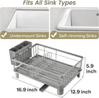 SNTD Dish Drying Rack - Small Dish Rack for Kitchen Counter, Stainless Steel Dish Drainer with Utensil Holder and Drainboard, 12.9" W x 16.9" L (Grey)