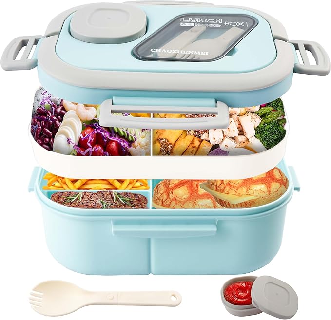 Adults Bento Lunch Box,Salad Container Large 43oz Salad Bowl, Bento-Style Tray for Toppings, 3oz Sauce Container for Dressings, and Built-In Reusable Fork