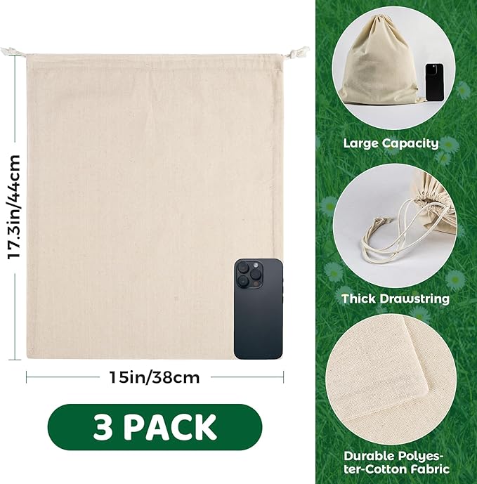 Cotton Storage Bags With Drawstrings - Rainflow 3 Pack 15x17 Inch Reusable Produce Bags Cotton Produce Bags Washable Muslin Storage Bags for Fruit Onion Storage Clothes Shopping Home Supplies