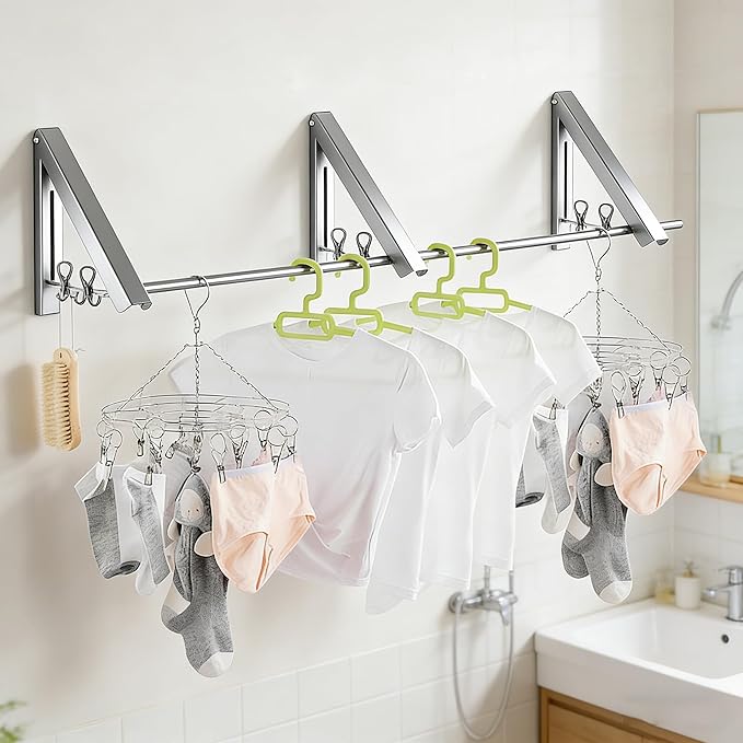 FOLAI 3-Piece Drill-Free Folding Clothes Drying Rack, 160cm Crossbar, Suitable for Bedroom, Bathroom, Indoor and Outdoor Use, Basics Folding Clothes Rack (Silver)