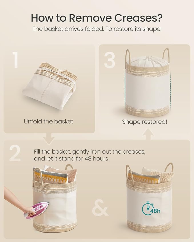 SONGMICS Laundry Hamper, Cotton Rope Laundry Basket with Handles, for Clothing, Living Room, Bedroom, 15.8 Gallons, 16.1 x 16.1 x 18.1 Inches, Cloud White and Camel Brown URLH060K01