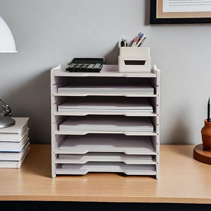 A4 Wooden Desk Letter Tray, Paper Organizer Storage with Adjustable Shelves, Stackable File Sorter for Notes, Pens, File Paper and Desk(A4&Landscape-6tray(with 5 Adjustable Shelves))