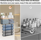 Livabber Towel Racks for Bathroom, Metal Towel Storage Holder for Roll Towels, Wall Mounted Towel Organizer with Storage Basket and Wooden Shelf for Small Spaces (Black)