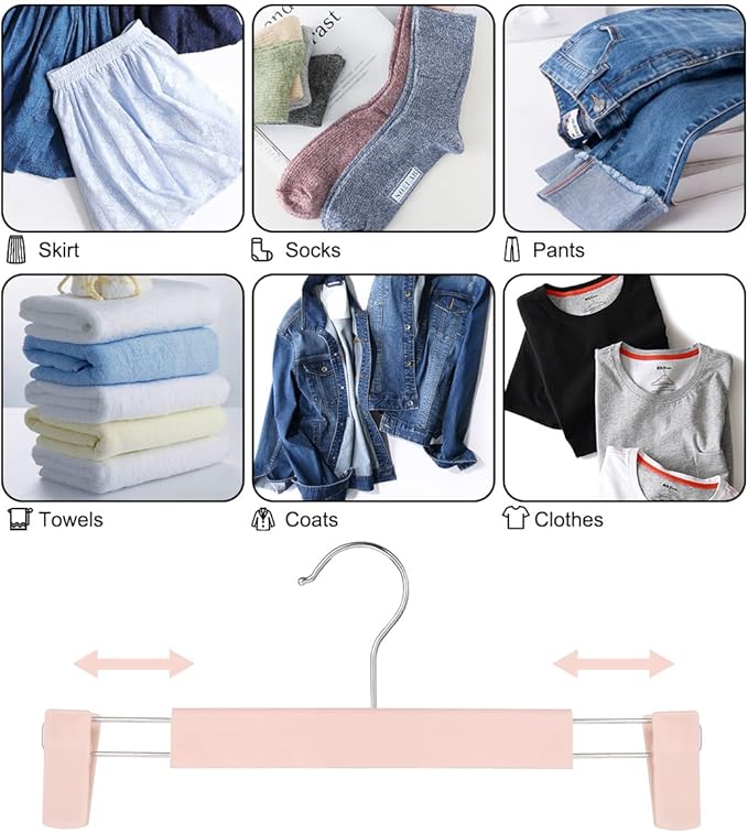 Clothes Pants Hangers, Space-Saving Skirt Holders with 360 ° Swivel Hooks, Adjustable Clips, Trouser Hangers, Clothes Coat Garment Jeans Hangers (10 Pack, Pink)