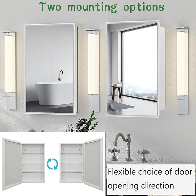 Plastic Medicine Cabinet with Mirror 16x26 inch, Recessed Medicine Cabinet or Surface Wall Mount Bathroom Cabinets with Adjustable Shelves, White Frame Mirror Cabinet