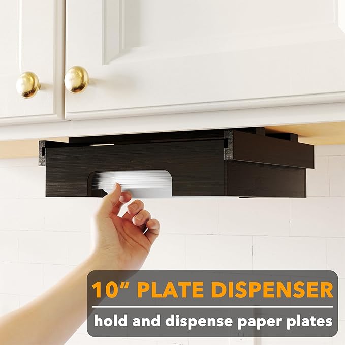 SpaceAid 10-inch Paper Plate Dispenser (Need 11.3 Inches Deep Cabinet Space) Under Cabinet Bamboo Plates Holder, Kitchen Vertical Dipensers Caddy, Black