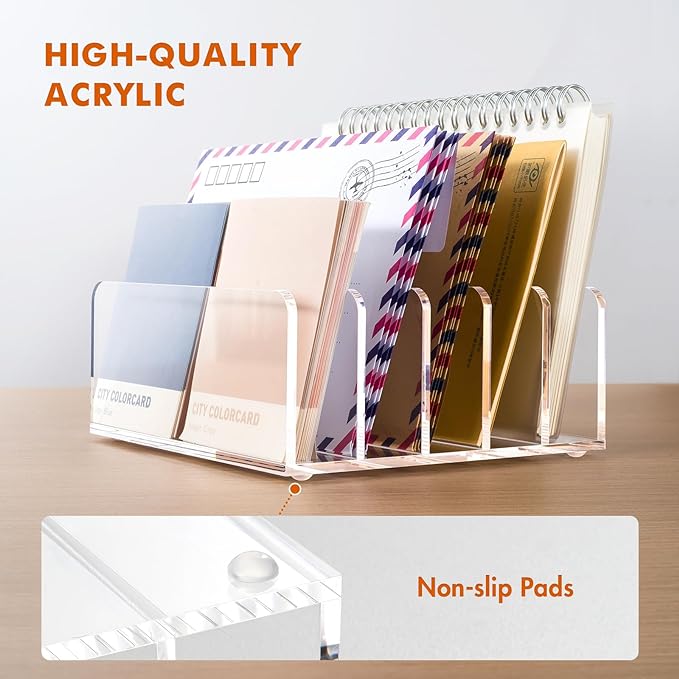 BEYGORM 2 Pack Acrylic Mail Holder, Clear Desk Organizer with Divider, Vertical Letter Sorter for Desktop, 5 Compartments Modern Office Home Envelope Organizer for Bill, Document, Notebook