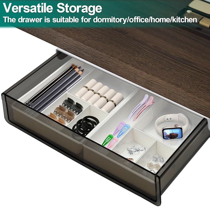 Large Under Desk Table Drawer Storage Organizer, Slide Out Drawer with 2 Desk Divider,Pencil Storage Self-Adhesive Tray Under Table (L/Clear Black+White)