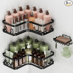 Veken Corner Adhesive Shower Caddy 3-Pack with Soap Holder&Hooks,No Drilling Shower Shelves,Rustproof & Waterproof Bathroom Organizers and Storage,Rack for Small Spaces, Kitchen&Rental-Friendly,Black