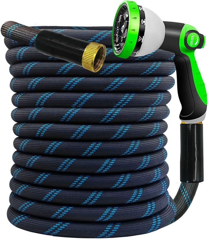Garden Hose 50 FT, NON-EXPANDABLE Heavy-Duty Flexible & Lightweight Water Hose with 10-Function Nozzle, No-Kink, Leak-Proof Super Fabric, Solid Fittings for Lawn, Car, Outdoor (Black Blue)