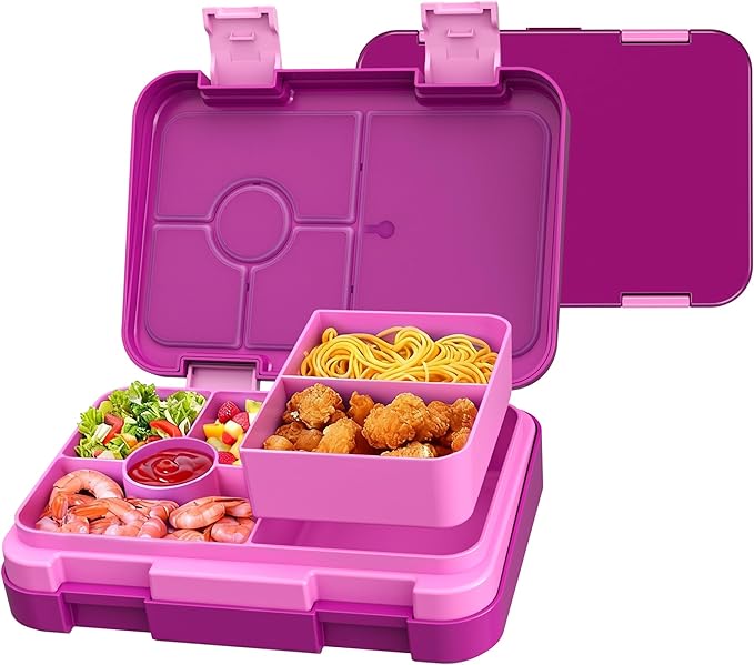 Bento Lunch Box for Kids, 6 Compartments BPA Free, Dishwasher Safe Back to School Snack Bento Lunch Containers Boxes, Ideal Portion Sizes for On-the-Go Meal, Ages 3+, School, Rose Red