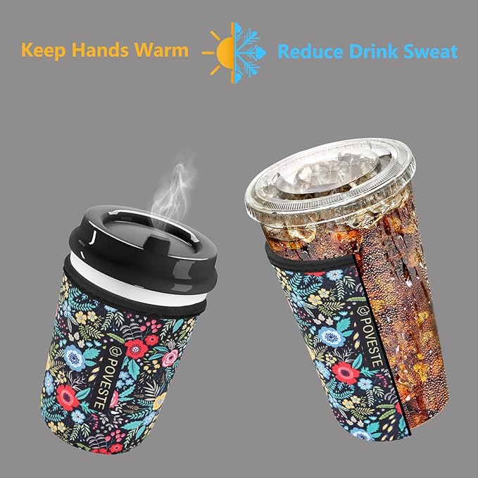 Reusable Neoprene Insulator Sleeve for Iced Coffee & Cold Soda, Coffee Sleeves for Iced & Hot Drinks, Cold Beverage Cooler Compatible with Starbucks, Dunkin (Garden Alike, Medium: 22-24oz)