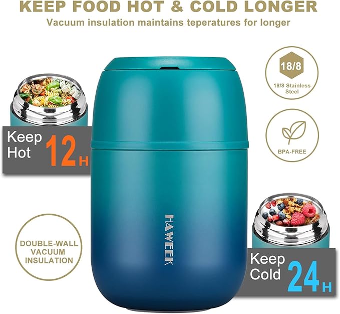 Insulated Soup Thermo 17oz - Stainless Steel Vacuum Lunch Box for Adults, Kids Leakproof Hot Food Container with Handle Folding Spoon (School Office Outdoor)