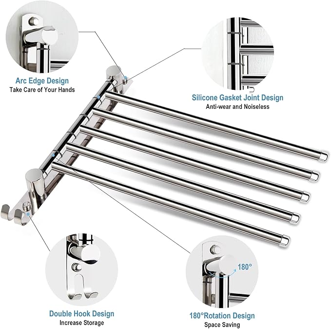 5 Arm Swivel Towel Bar - Heavy Duty SUS304 Stainless Steel Swing Towel Rack for Bathroom, 180° Rotation Wall Mount Towel Holder with Hook, Space-Saving Organizer for Kitchen, Laundry Room