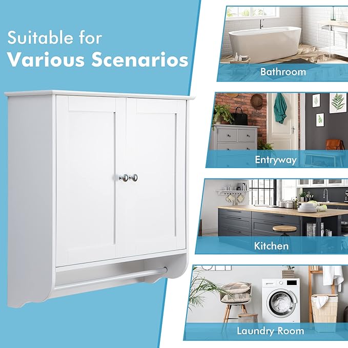 Giantex Bathroom Cabinet Wall Mounted - Over The Toilet Medicine Cabinet with Double Doors, Adjustable Shelf and Towels Bar, Above Toilet Storage Cabinet for Bedroom Kitchen Wall Cabinet (White)