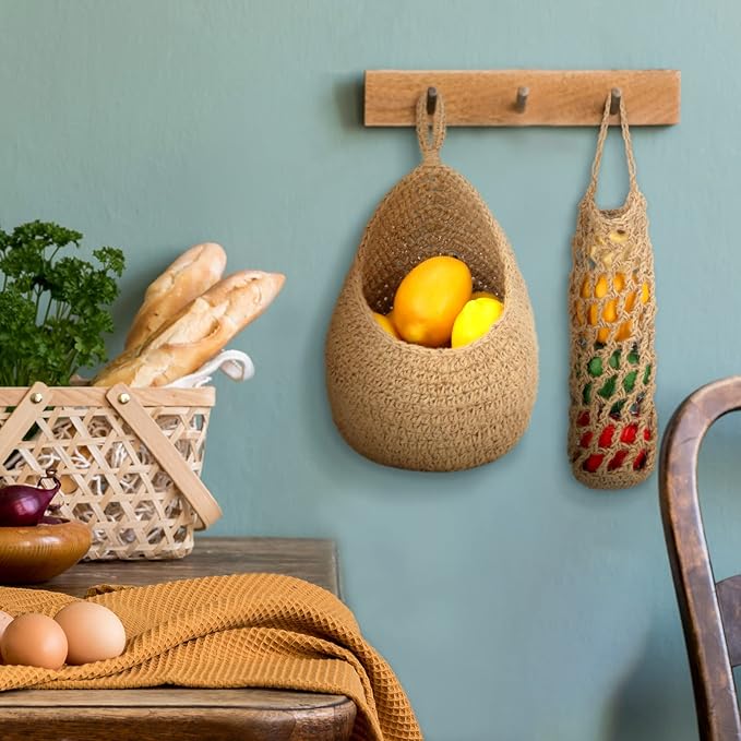 Xuhal 4 Pcs Hanging Basket, Jute Hanging Baskets for Kitchen, Boho Onion Wall Basket, Handwoven Fruit Potato Garlic Storage Home Vegetable Holder(Classic Style,Khaki)