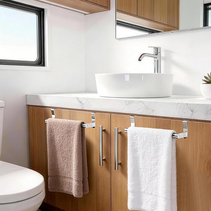 Over Cabinet Towel Holder, Stainless Steel Over The Cabinet Towel Rack for Kitchen Cabinet Doors Towel Bars, 2 Pack Dish Towel Bars (Brushed Nickel)