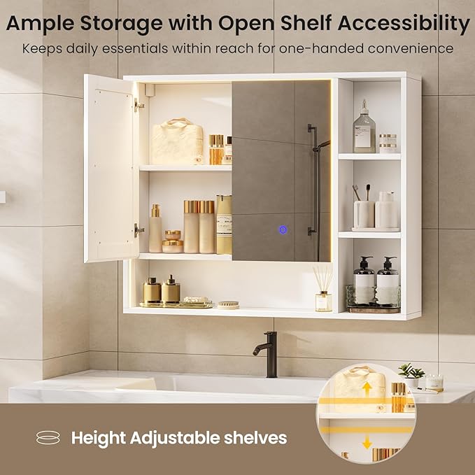 Hasuit Lighted Medicine Cabinet with Mirror and Shelves, Modern Bathroom Medicine Cabinet with Open Storage, Aluminum Channel LED Lights, 35.4'' x 30.7'', White