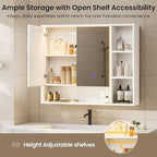 Hasuit Lighted Medicine Cabinet with Mirror and Shelves, Modern Bathroom Medicine Cabinet with Open Storage, Aluminum Channel LED Lights, 35.4'' x 30.7'', White