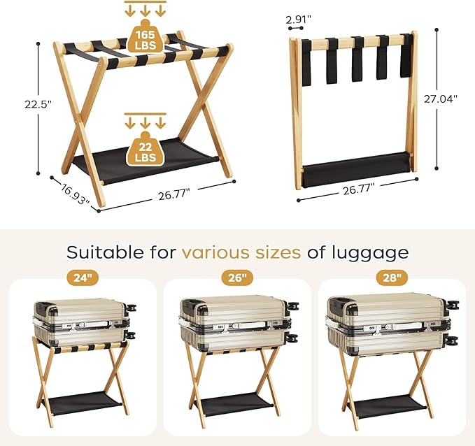 Fully Assembled Luggage Racks Pack of 2, Bamboo Natural Foldable Luggage Rack for Guest Room, Suitcase Stand with Fabric Storage Shelf for Hotel, 5 Nylon Straps, 26.77" W x 16.93" D x 22.5" H