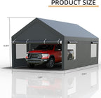 JY QAQA Carport, 12x20 FT Heavy Duty Carport with Roll-Up Window and Sandbags, Portable Garage with Removable Side Walls and Doors, Car Canopy with All-Season Tarp for Cars, Trucks, Boats, Grey