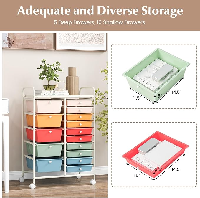 RELAX4LIFE 15-Drawer Storage Drawer Carts - Mobile Rolling Utility Cart w/Wheels, Craft Organizer for Classroom Organization and Storage, School, Office, Home, Storage Organizer Cart (Macaron)