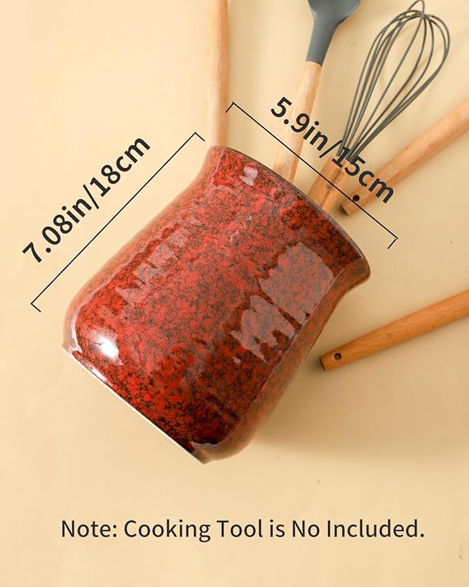 HASENSE Kitchen Utensil Holder for Countertop, 7.1” Large Ceramic Utensil Crock, Utensil Caddy, Utensil Organizer and Rustic Table Decor for Spatulas, Red