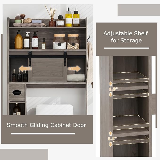 Giantex Over The Toilet Storage Cabinet, Farmhouse Space Saver with Sliding Door, Toilet Paper Holder, Side Hooks & Adjustable Shelves, Over Toilet Bathroom Organizer for Laundry, Restroom (Grey)