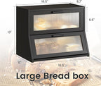 GHWIE Double Layer Bamboo Bread Box for Kitchen Counter,Large Capacity Bread Storage Bin,Bread Container with Acrylic Wavy Door Panel (Black, Medium)