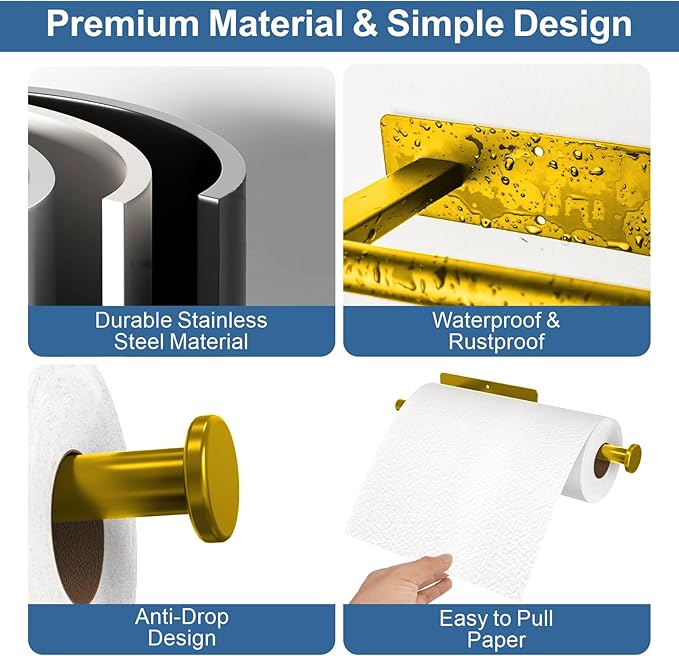 Paper Towel Holder Under Cabinet, Gold Adhesive Paper Towel Holder Wall Mount for Kitchen, Bathroom, RV, Bend-Resistant, Self-Adhesive or Drill mounting, Stainless Steel, 2 Pack