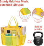 F-color Mesh Shower Caddy Portable, Upgrade Deeper 7 Pockets Shower Bag Basket Tote for College Dorm Room Toiletry Bathroom Essentials Gym Camp Quick Dry 2 handles with S Hook, Yellow