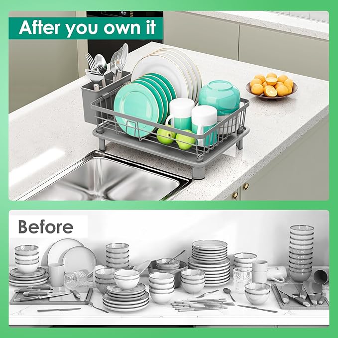 Dish Drying Rack, Stainless Steel-Dish Rack, Dish Racks for Kitchen Counter, Kitchen Dish Drainers with Removable Utensil Holder,New Drain Outlet,Plate Rack and Drainboard,(gray-11 W x 15" L)