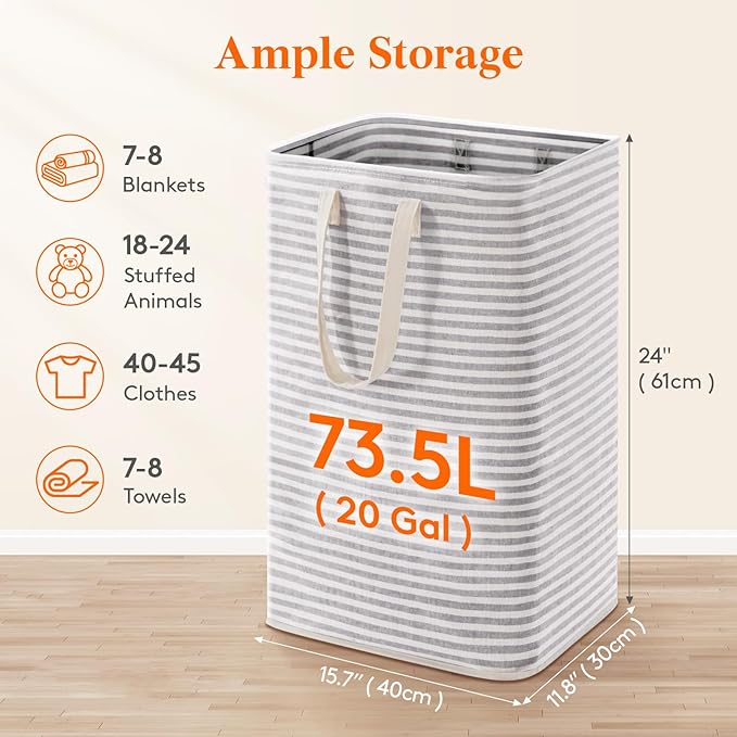 Lifewit 73.5L Pack Collapsible Laundry Hamper Large,Tall Foldable Dirty Clothes Baskets Waterproof, Freestanding Double Bags with Easy Carry Handles in Dorm Bedroom Bathroom College, Grey