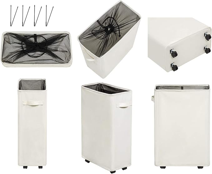 ZERO JET LAG Slim Rolling Laundry Hamper - Standable Corner Design - Handy Storage Bin Laundry Basket - 52L Storage Bin - Slim Hamper with Wheels - 15×8×22" (22" Beige)