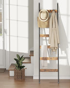 Blanket Ladder, 6-Tier Towel Holder with 4 Removable Hooks, Farmhouse Wall Leaning Decorative Rack Shelf, Wooden Towel Display Rack, Quilt Ladder for Living Room, Bedroom, Rustic Brown